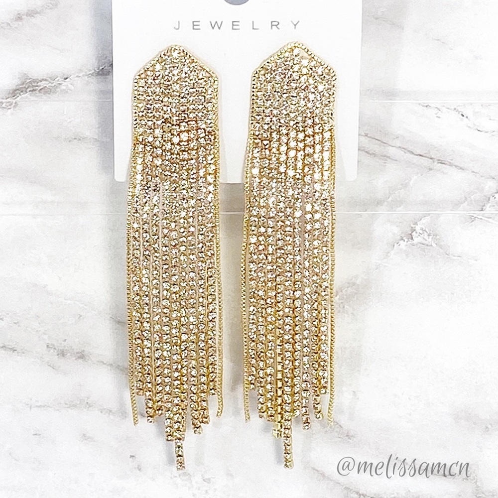 Rhinestone Fringe Dangle Earrings Prom Pageant Bridal Formal - Picture 5 of 8